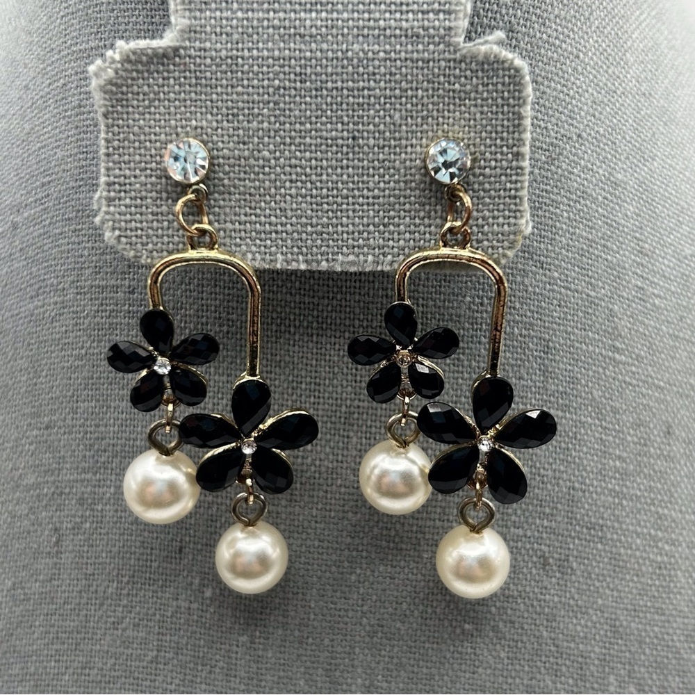 Gold Tone Stud Dangle Earrings with Black Enamel Flowers and Faux Pearls